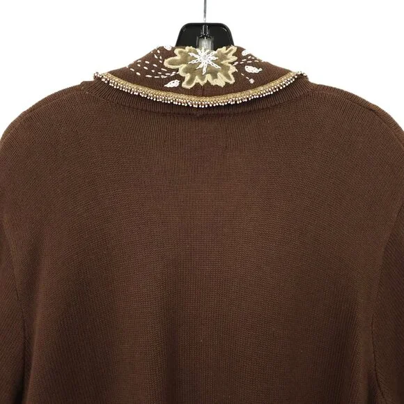 Sweater Sweater Embroidered Beaded Cowl Neck Cardigan Womens Size XL Brown NEW